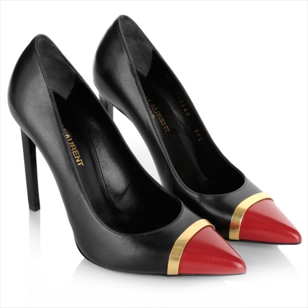 Saint Laurent Black Red Cap Toe Pointed Pump Heel